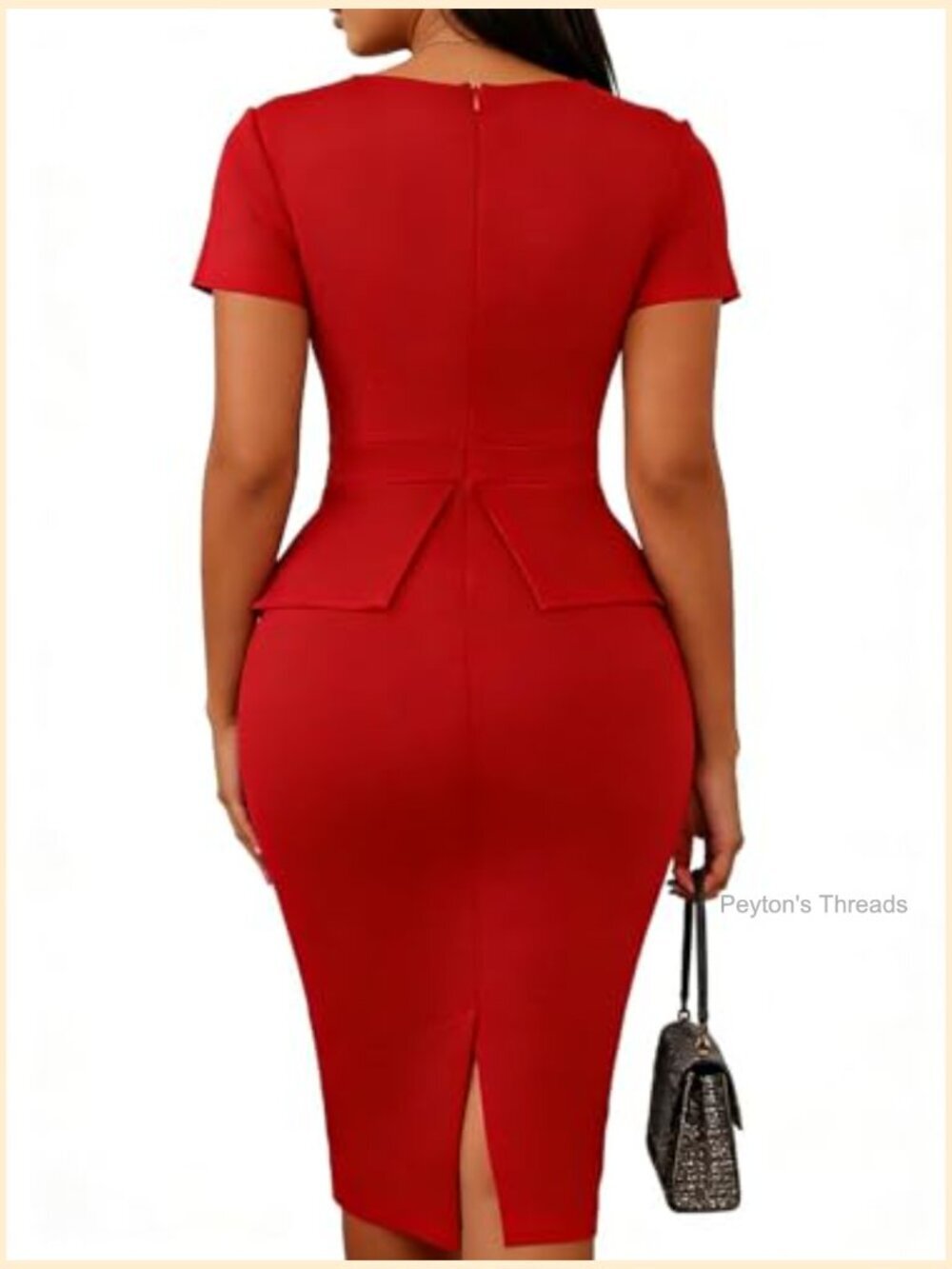 Elegant Midi Pencil Bodycon Dress Short Sleeve Peplum for Work Cocktail Church - Picture 3 of 6